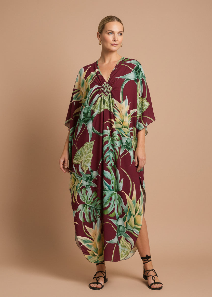 Monstera Merlot V Neck Kaftan with Diamond Pintuck-Zeemara