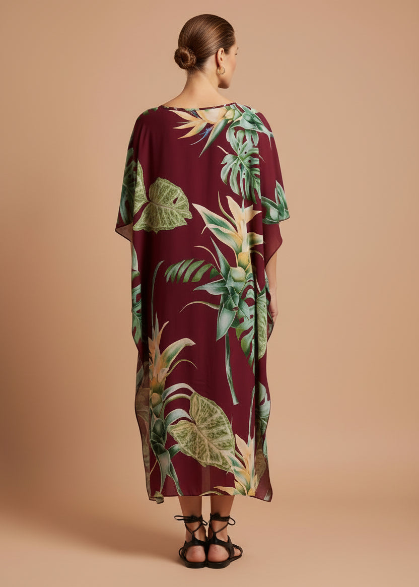 Monstera Merlot V Neck Kaftan with Diamond Pintuck-Zeemara