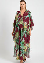 Monstera Merlot V Neck Kaftan with Diamond Pintuck-Zeemara