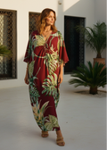 Monstera Merlot V Neck Kaftan with Diamond Pintuck-Zeemara