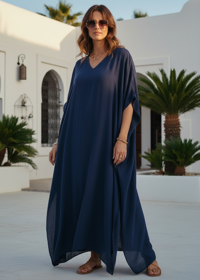 Navy V Neck Kaftan-Zeemara