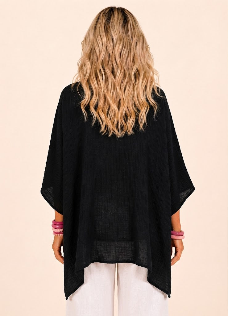 Oversized Batwing Tunic Top with Hanky Hem - Black-Zeemara