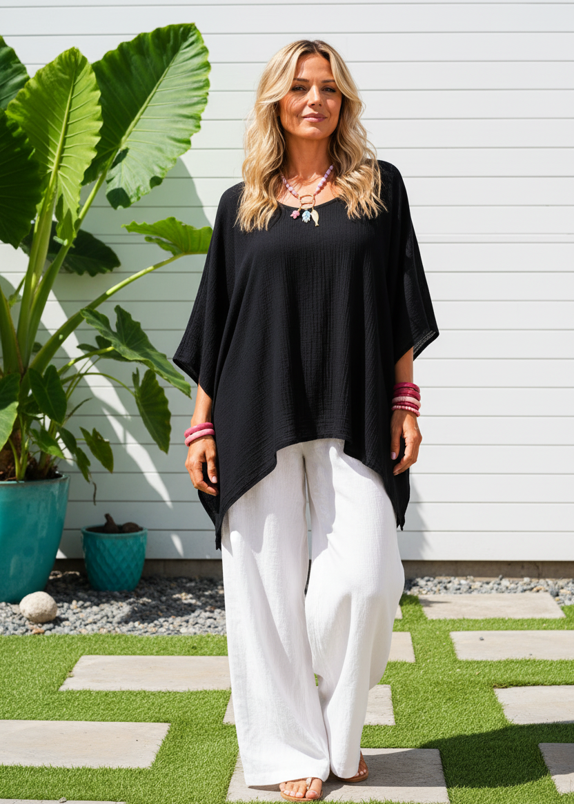 Oversized Batwing Tunic Top with Hanky Hem - Black-Zeemara