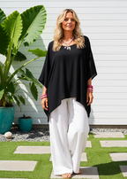 Oversized Batwing Tunic Top with Hanky Hem - Black-Zeemara