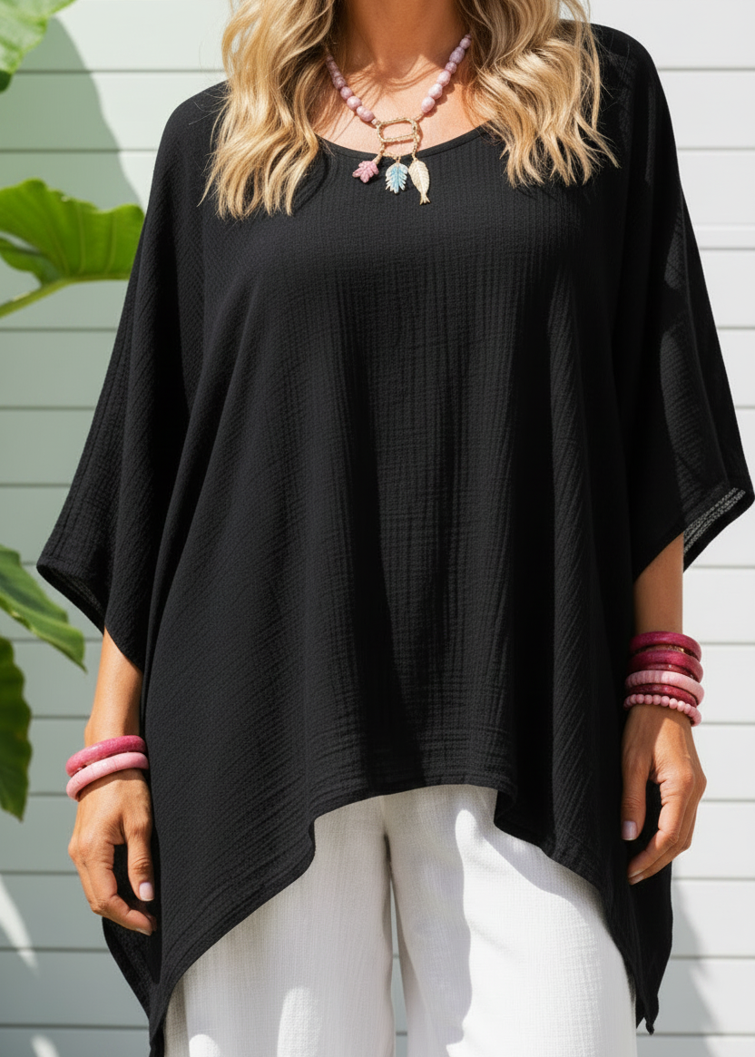 Oversized Batwing Tunic Top with Hanky Hem - Black-Zeemara