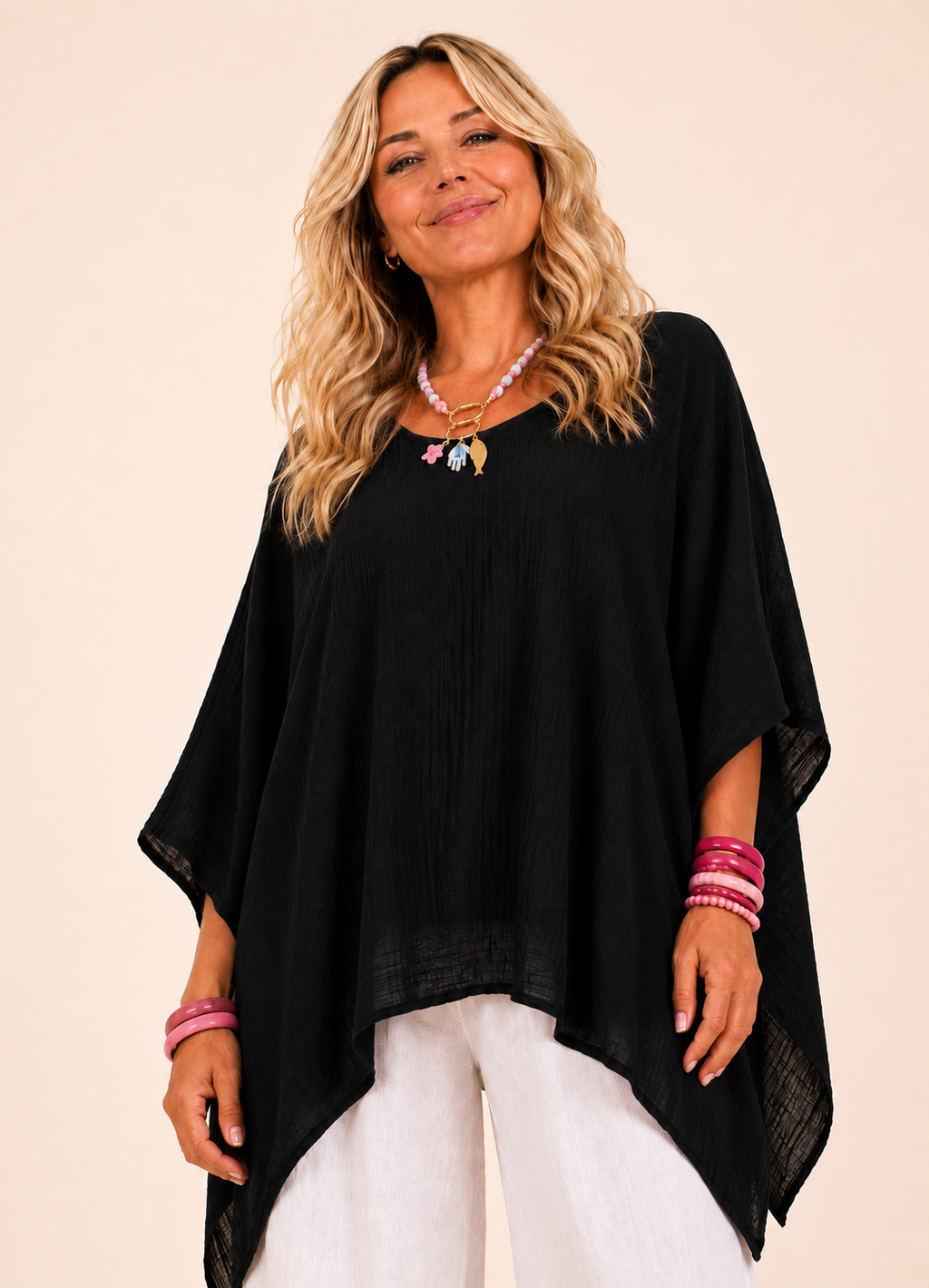 Oversized Batwing Tunic Top with Hanky Hem - Black-Zeemara