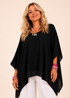 Oversized Batwing Tunic Top with Hanky Hem - Black-Zeemara