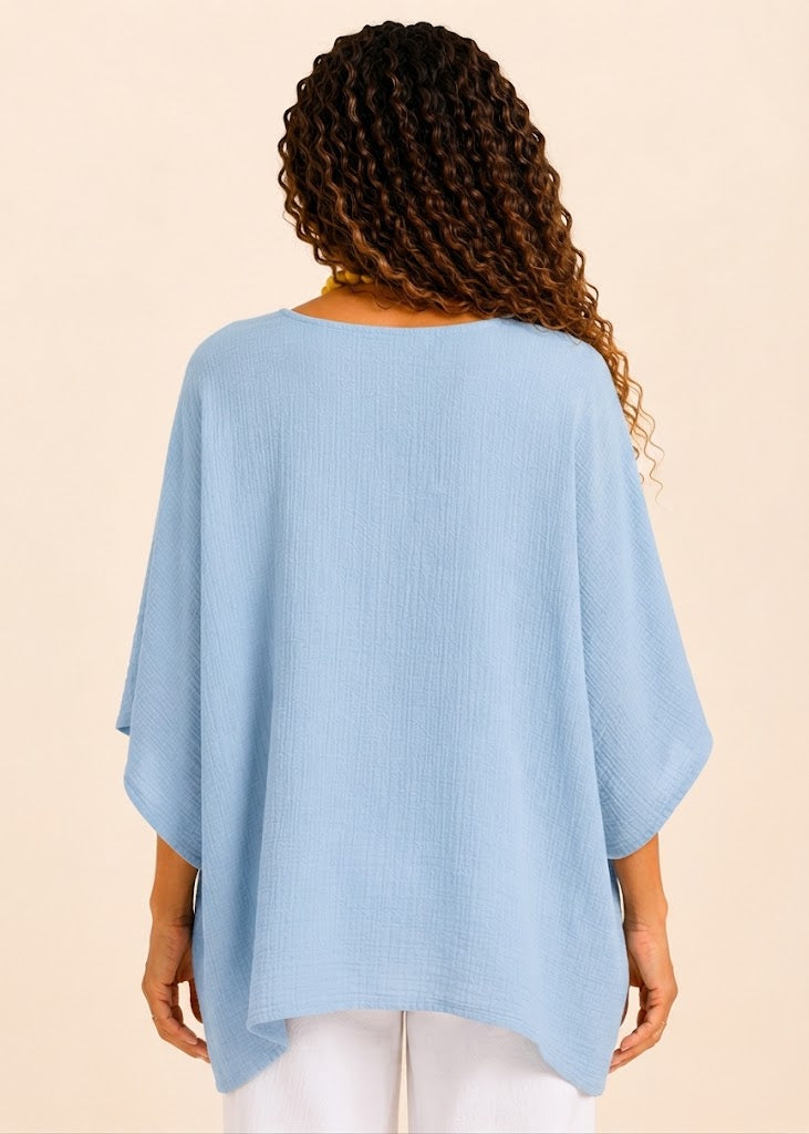 Oversized Batwing Tunic Top with Hanky Hem - Light Blue-Zeemara