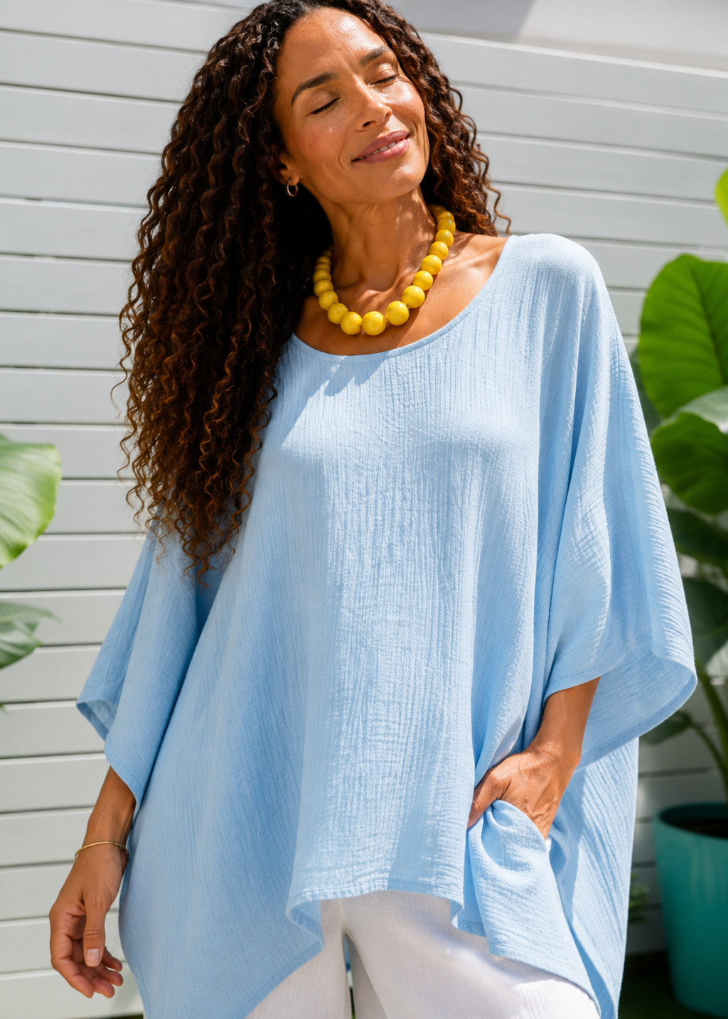 Oversized Batwing Tunic Top with Hanky Hem - Light Blue-Zeemara