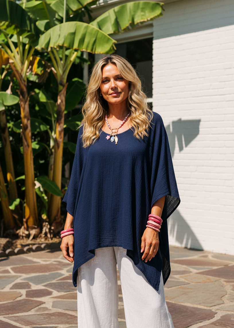 Oversized Batwing Tunic Top with Hanky Hem - Navy-Zeemara
