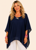 Oversized Batwing Tunic Top with Hanky Hem - Navy-Zeemara
