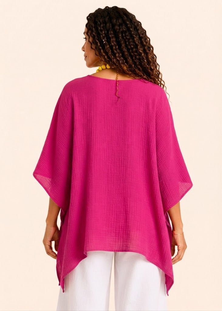Oversized Batwing Tunic Top with Hanky Hem - Pink-Zeemara