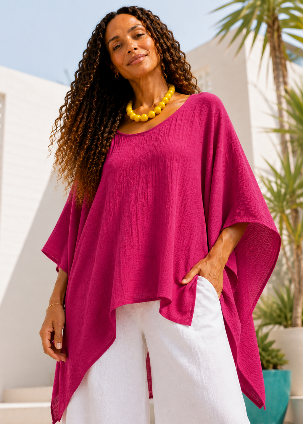 Oversized Batwing Tunic Top with Hanky Hem - Pink-Zeemara