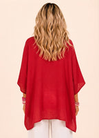 Oversized Batwing Tunic Top with Hanky Hem - Red-Zeemara