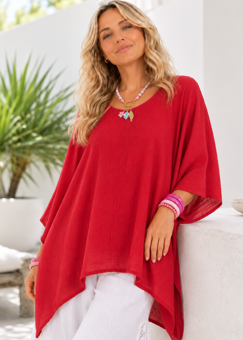 Oversized Batwing Tunic Top with Hanky Hem - Red-Zeemara
