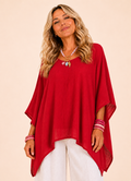 Oversized Batwing Tunic Top with Hanky Hem - Red-Zeemara