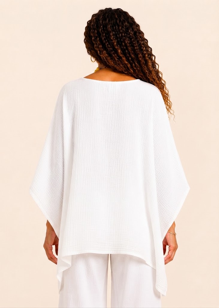 Oversized Batwing Tunic Top with Hanky Hem - White-Zeemara