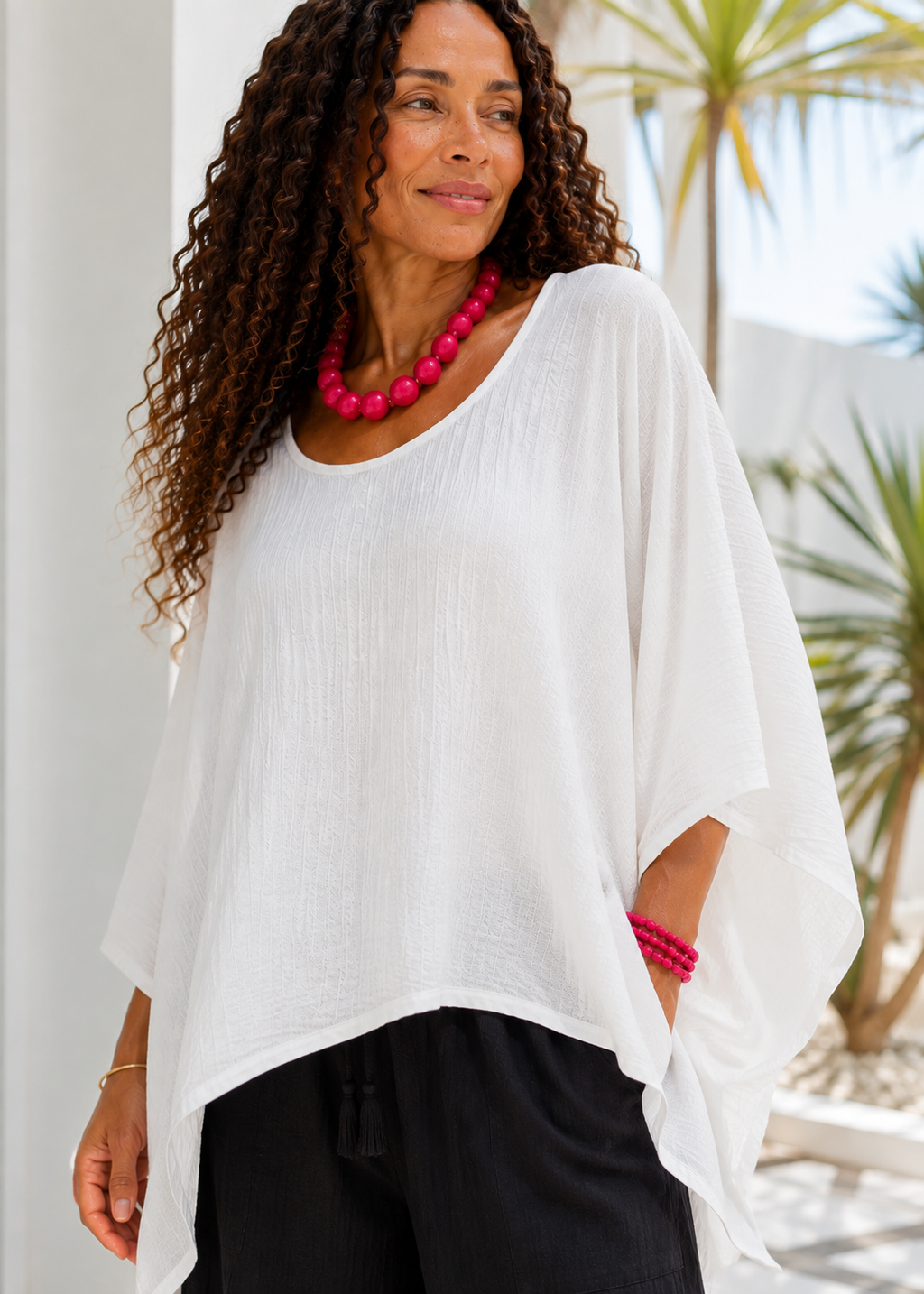 Oversized Batwing Tunic Top with Hanky Hem - White-Zeemara