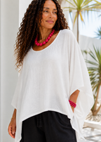 Oversized Batwing Tunic Top with Hanky Hem - White-Zeemara