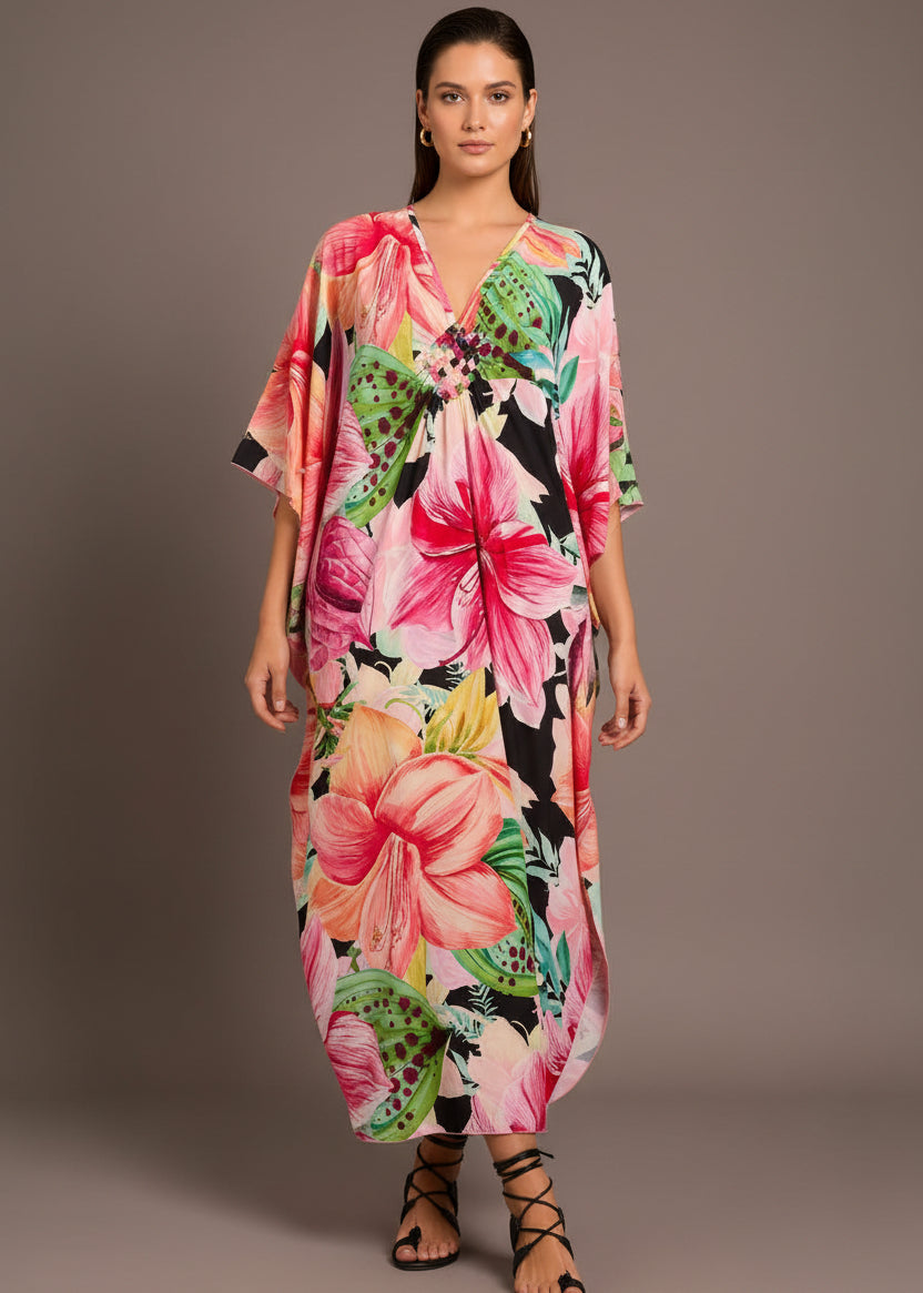 Paradise Punch V Neck Kaftan with Diamond Pintuck-Zeemara