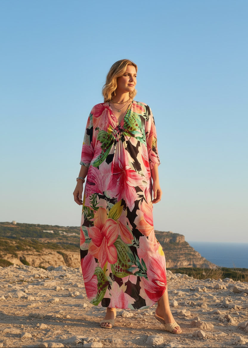Paradise Punch V Neck Kaftan with Diamond Pintuck-Zeemara