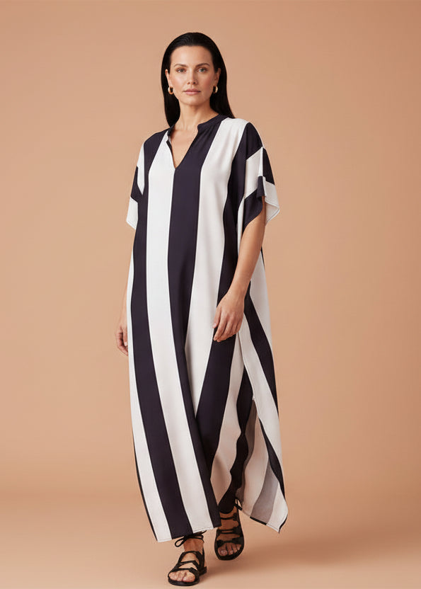 Piano Bar Stripe Notched Tunic Kaftan-Zeemara