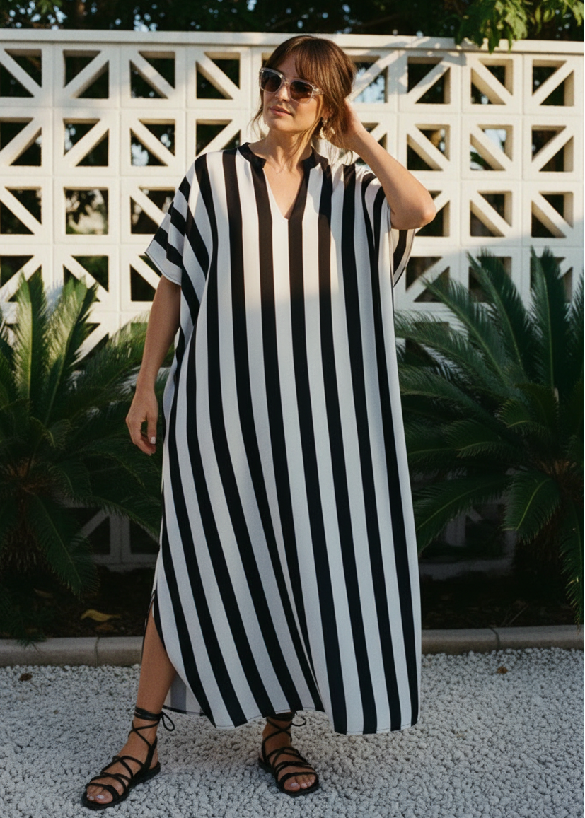 Piano Bar Stripe Notched Tunic Kaftan-Zeemara