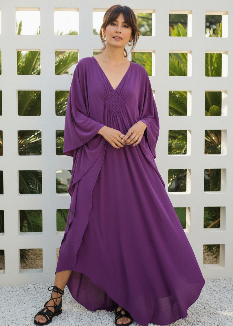 Plum V Neck Kaftan with Diamond Pintuck-Zeemara