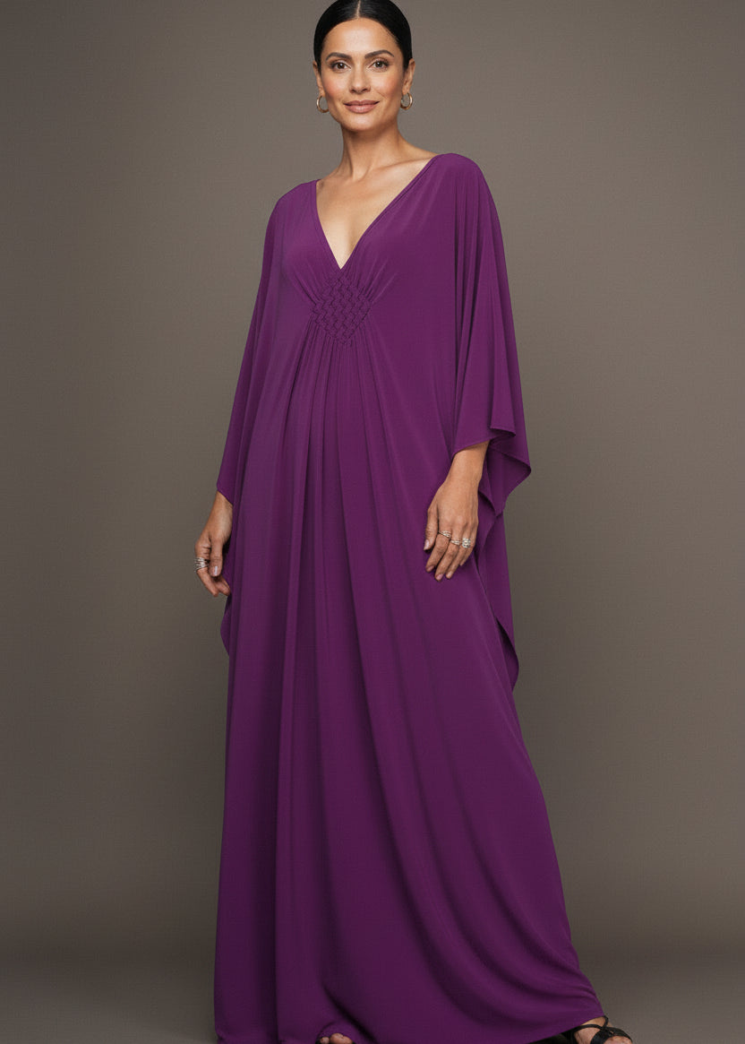Plum V Neck Kaftan with Diamond Pintuck-Zeemara