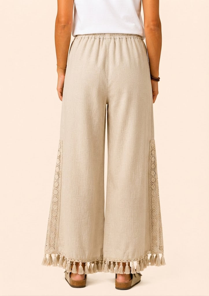 Pull On Wide Leg Pants with Crochet Detail & Pocket - Beige-Zeemara