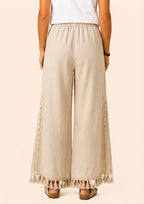Pull On Wide Leg Pants with Crochet Detail & Pocket - Beige-Zeemara