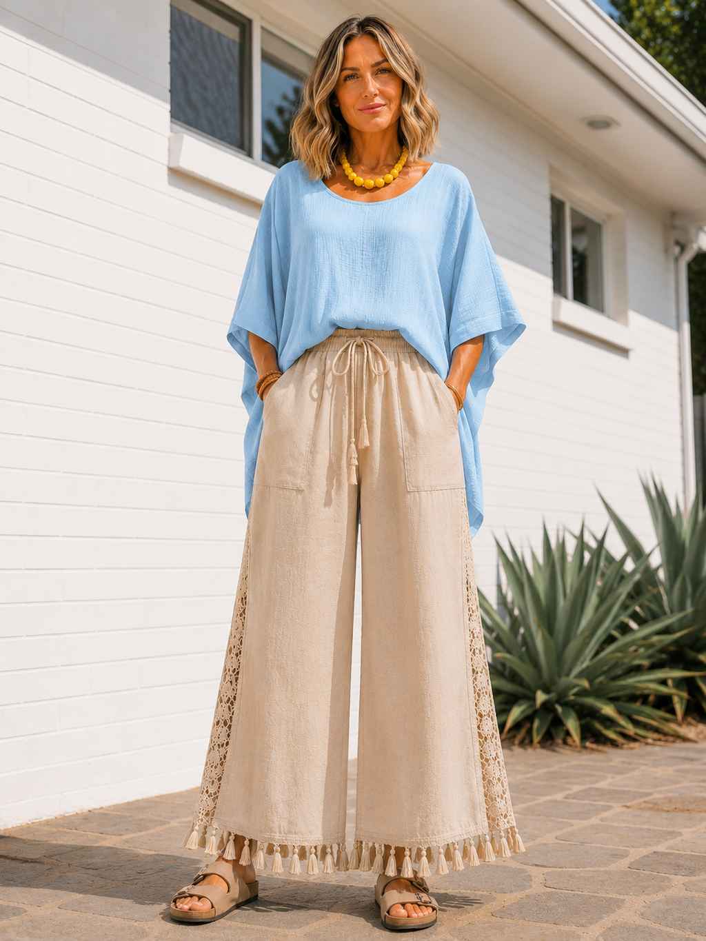 Pull On Wide Leg Pants with Crochet Detail & Pocket - Beige-Zeemara