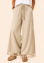 Pull On Wide Leg Pants with Crochet Detail & Pocket - Beige-Zeemara
