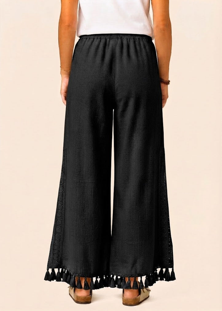Pull On Wide Leg Pants with Crochet Detail & Pocket - Black-Zeemara