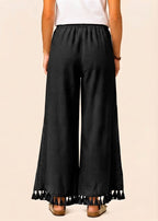 Pull On Wide Leg Pants with Crochet Detail & Pocket - Black-Zeemara