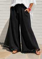 Pull On Wide Leg Pants with Crochet Detail & Pocket - Black-Zeemara