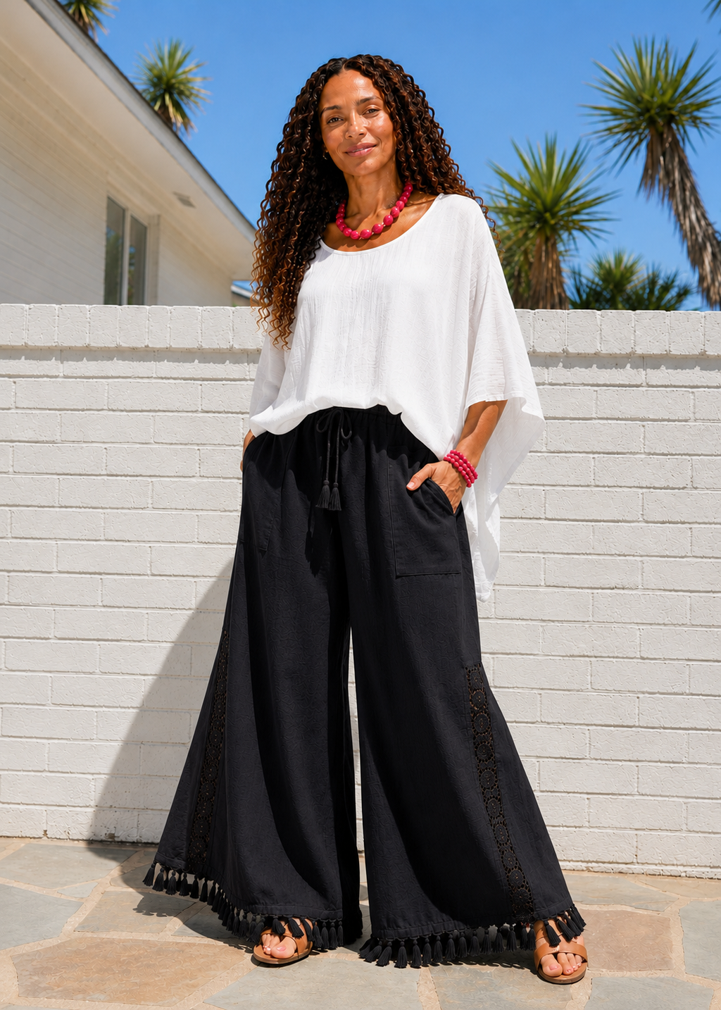 Pull On Wide Leg Pants with Crochet Detail & Pocket - Black-Zeemara