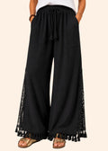 Pull On Wide Leg Pants with Crochet Detail & Pocket - Black-Zeemara