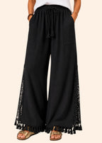 Pull On Wide Leg Pants with Crochet Detail & Pocket - Black-Zeemara