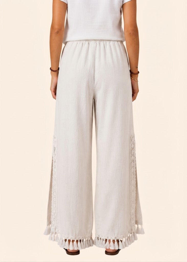 Pull On Wide Leg Pants with Crochet Detail & Pocket - White-Zeemara