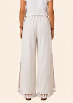 Pull On Wide Leg Pants with Crochet Detail & Pocket - White-Zeemara