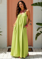 Square Neck Spaghetti Strap Maxi Dress with Pockets - Lime