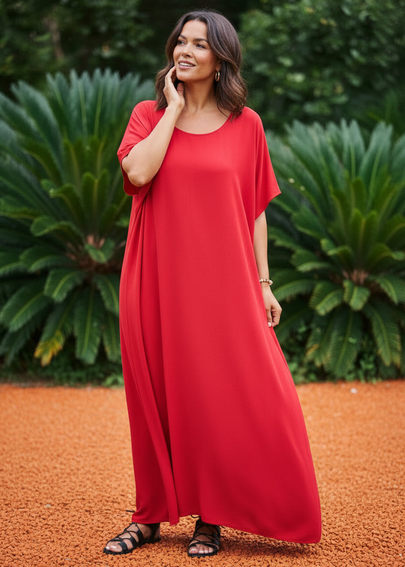 Red Round Neck Kaftan-Zeemara