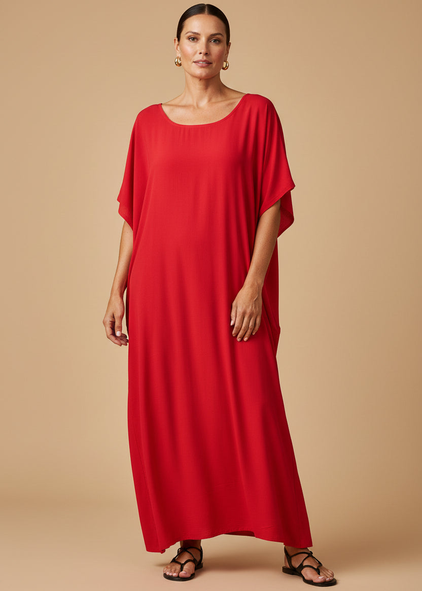 Red Round Neck Kaftan-Zeemara