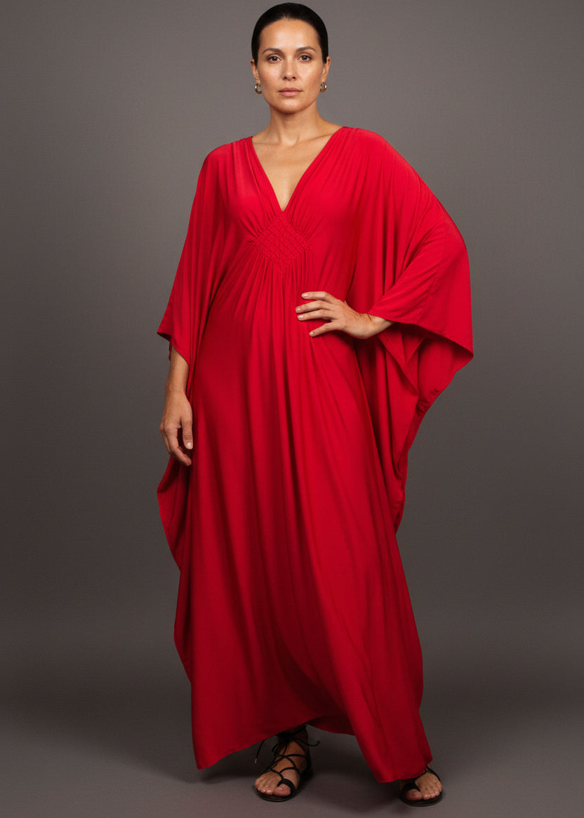 Red V Neck Kaftan with Diamond Pintuck-Zeemara