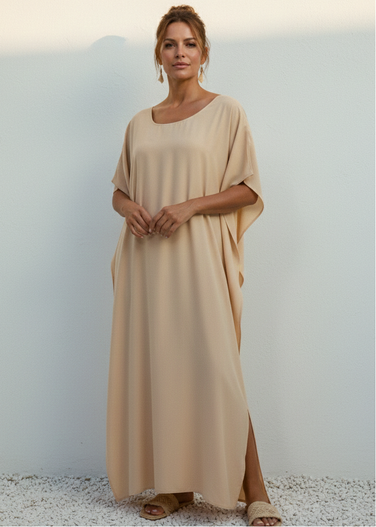 Sand Round Neck Kaftan-Zeemara