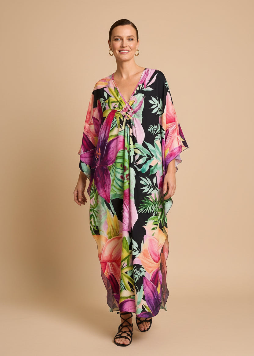 Secret Garden V Neck Kaftan with Diamond Pintuck-Zeemara
