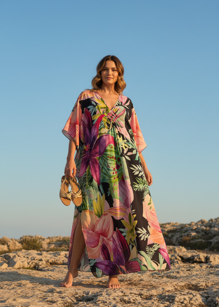Secret Garden V Neck Kaftan with Diamond Pintuck-Zeemara