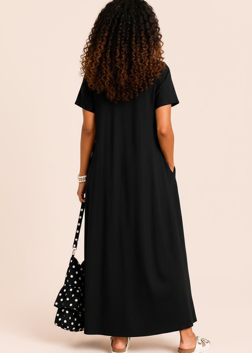Short Sleeve Scoop Neck Maxi Dress with Pockets - Black-Zeemara