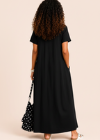 Short Sleeve Scoop Neck Maxi Dress with Pockets - Black-Zeemara